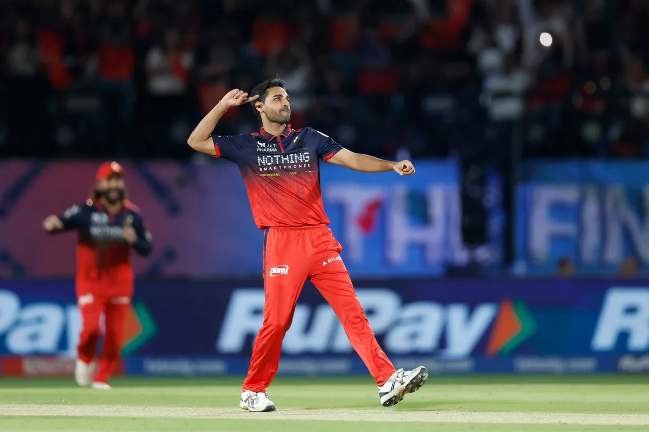 Bhuvneshwar Kumar bowling for RCB during IPL 2026, the season he took 28 wickets and won the title