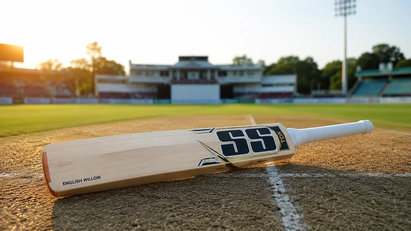 A high-quality English Willow cricket bat resting on the pitch