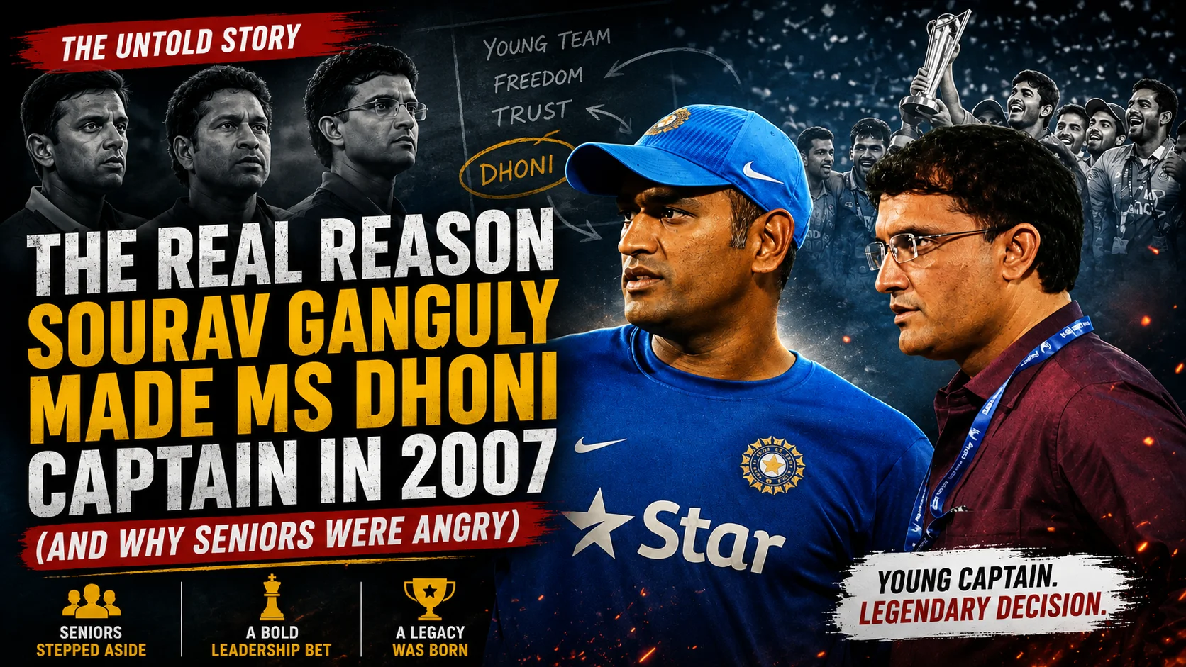 Sourav Ganguly and MS Dhoni together in 2007, discussing strategy on the field