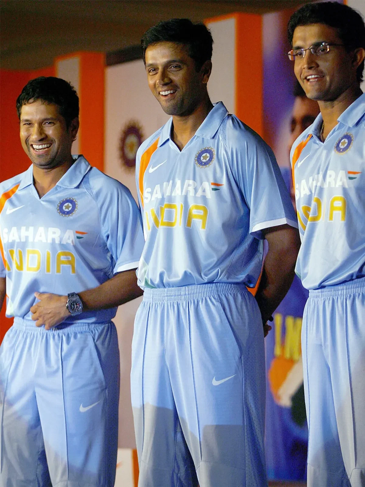 Rahul Dravid, Sachin Tendulkar, and Sourav Ganguly walking off the field together