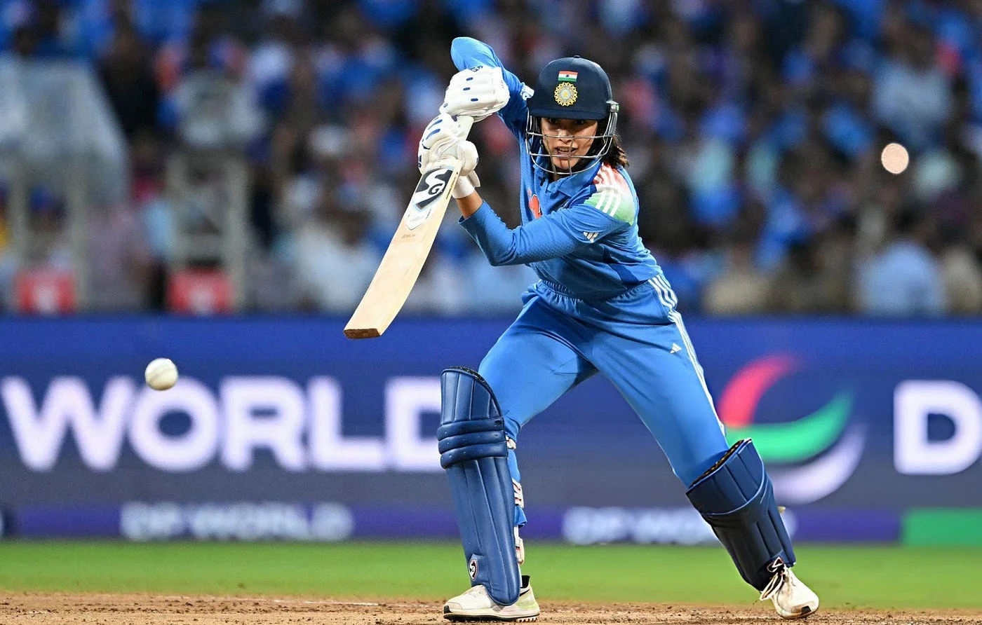 Smriti Mandhana playing her trademark cover drive