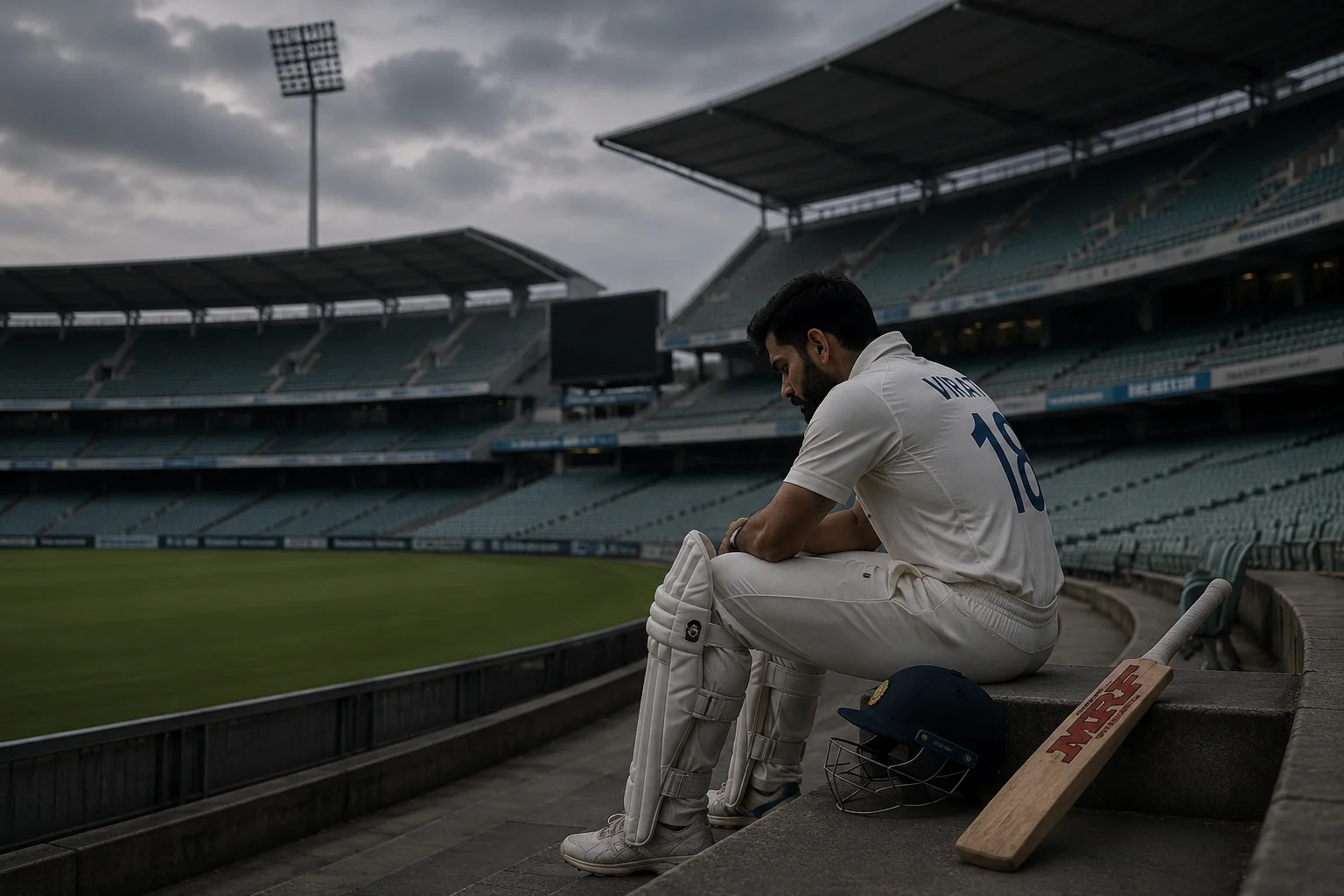 A cricketer sitting alone in an empty stadium — the reality after IPL fame fades away