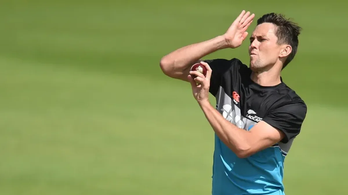 A left-arm fast bowler releasing the ball in a cricket match